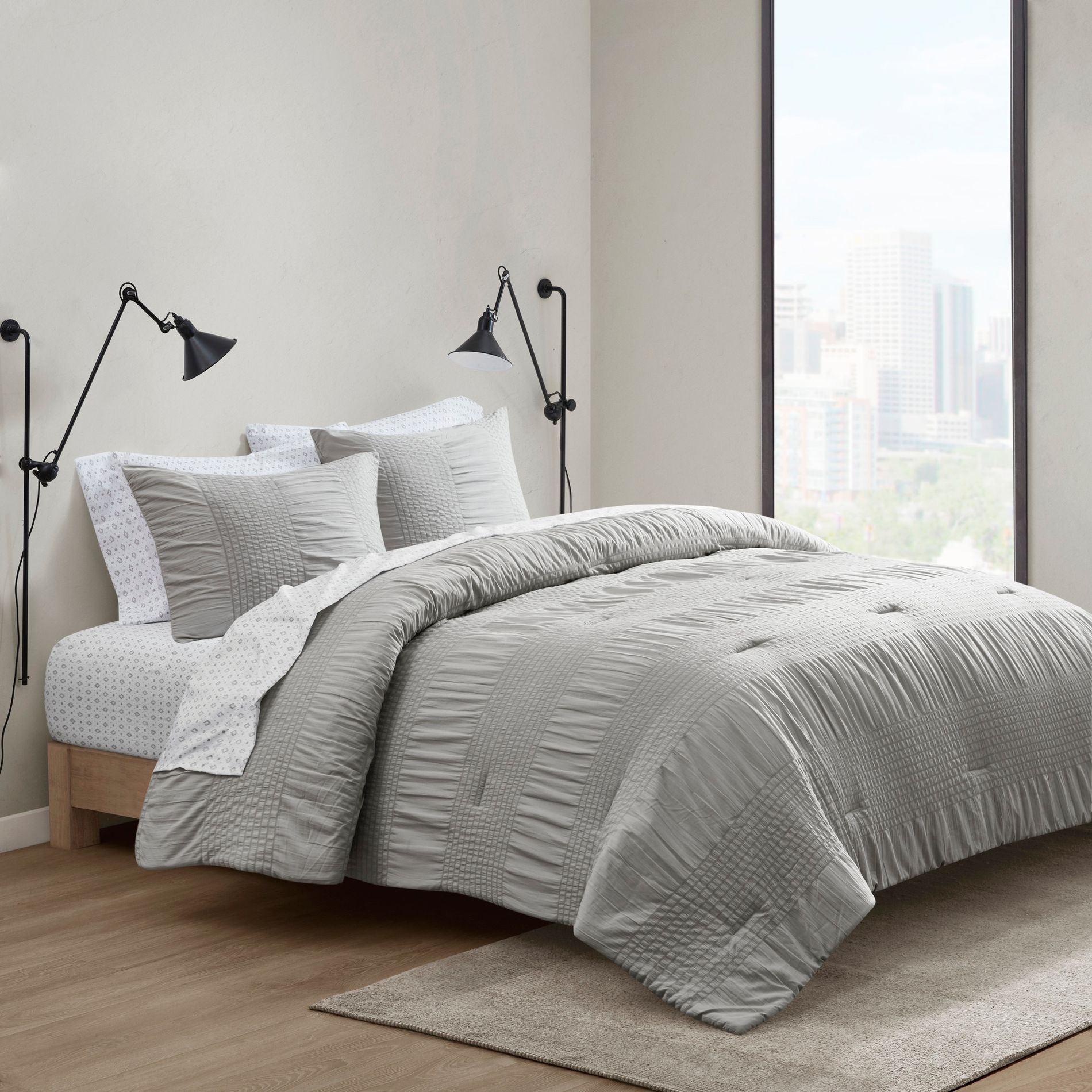 7Pcs Comforter Set, Modern All Seasons Solid Bedding Set, Microfiber Bed Comforter