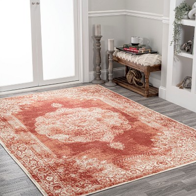 Peach and Ivory Synthetic Medallion Area Rug, 3 x 5 ft