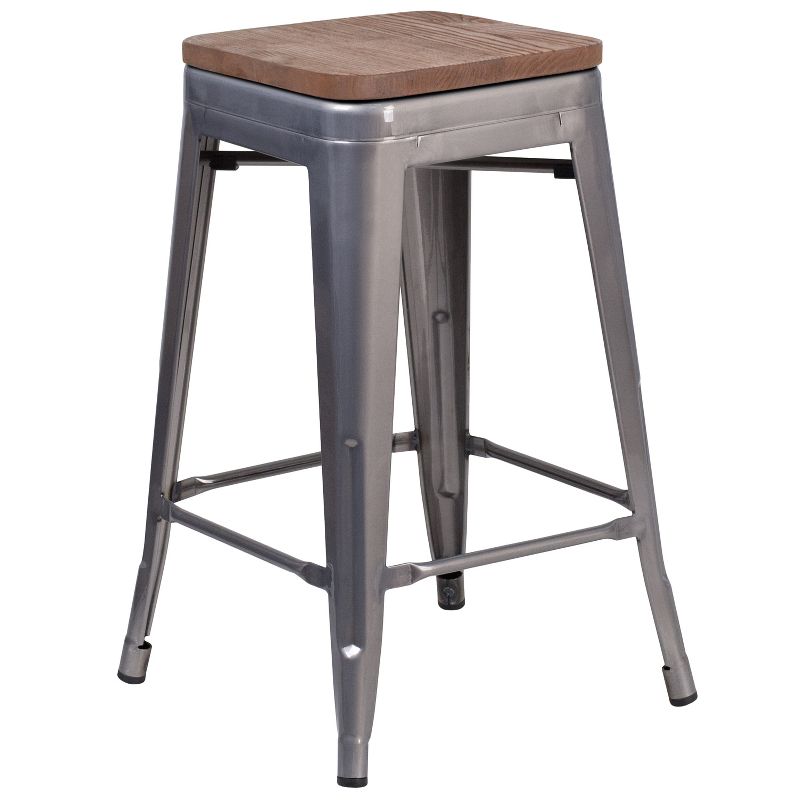 Merrick Lane Set of 4 24 Inch Tall Clear Coated Gray Metal Bar Counter Stool With Textured Walnut Elm Wood Seat, 5 of 6