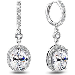 Sterling Silver Huggie Hoop Earrings with Oval CZ Charm, Hypoallergenic Bridal & Christmas Gift - 1 of 4