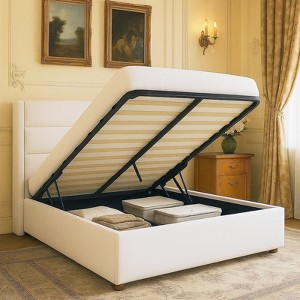 Velvet Upholstered Bed with Lift Up Storage, Wingback Platform Bed Frame, No Box Spring Needed - 1 of 4