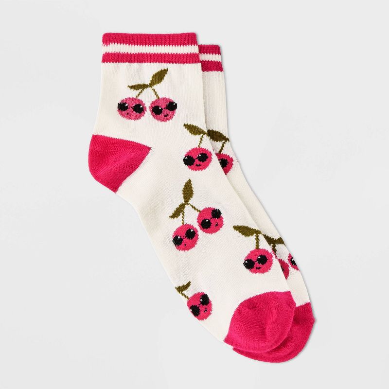 Women&#39;s Cool Cherries Ankle Socks - Xhilaration&#8482; Ivory/Pink 4-10, 1 of 4