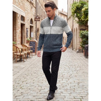 INSPIRE CHIC Men's Stand Collar Cable Knit Contrast Stripe Sweater Jackets Small Gray Navy — фото 5