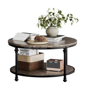 Round Coffee Table, 2 Tier Wooden Coffee Table with Metal Frame, Vintage Rustic Circle Coffee Table with Storage - 1 of 4