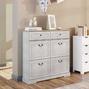 ORRD Antique White Shoe Cabinet – 2 Drawers + 4 Flip Bins, Adjustable Shelf – Slim Entryway Organizer - 1 of 4