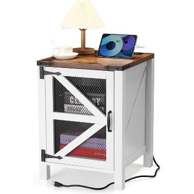 Homhougo Nightstand with Charging Station, 18" Farmhouse Night Stand End Table with Barn Door, Rustic Wood Sofa Side Table with Storage, White
