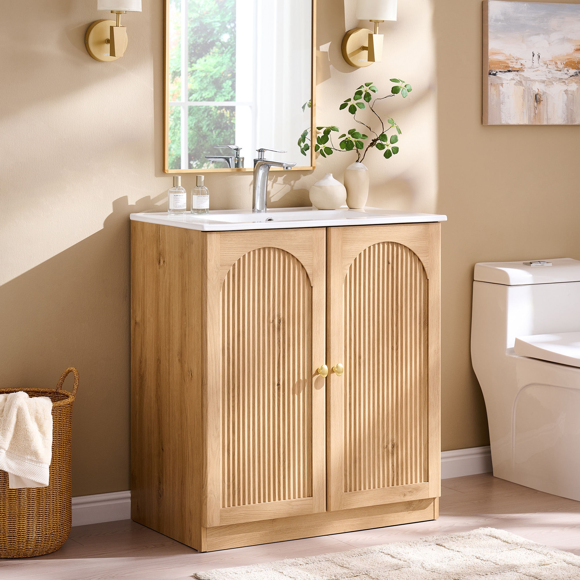 30 Inch Bathroom Vanity with Sink, Modern Bathroom Vanity with Ceramic Basin and 2 Doors, Free Standing Small Bathroom Sink Cabinet Combo Set, Natural