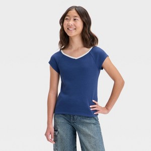 Girls' Short Sleeve Lace Trim T-Shirt - art class™ - 1 of 3