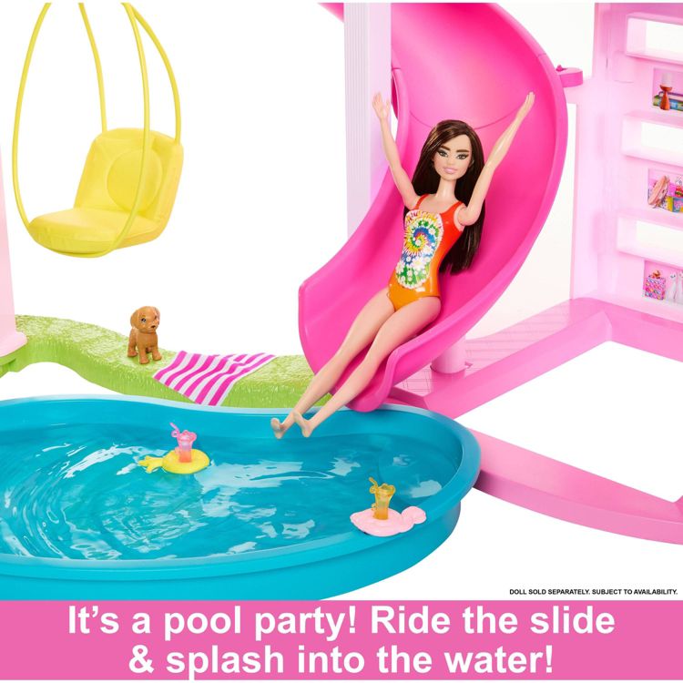 It’s a pool party! Ride the slide & splash into the water! 