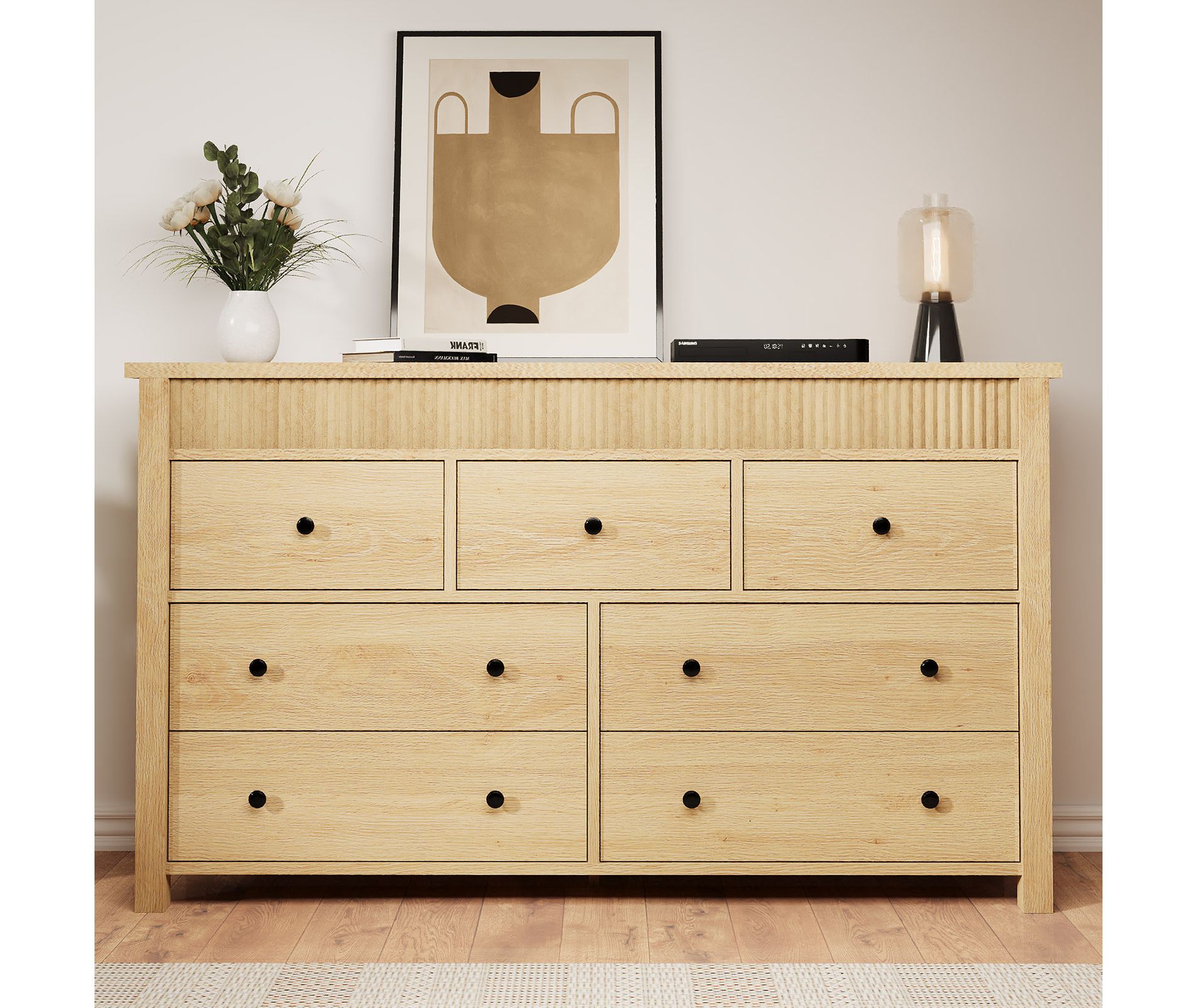 Garvee Fluted 7 Drawer Dresser, 54" Wide 7 Chest of Drawers with Fluted Design, Wooden Dresser Organizer for Bedroom Living Room Nursery