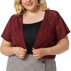 Agnes Orinda Women's Plus Size Short Sleeve Open Front Crochet Lace Allover Cropped Cardigan - 1 of 4