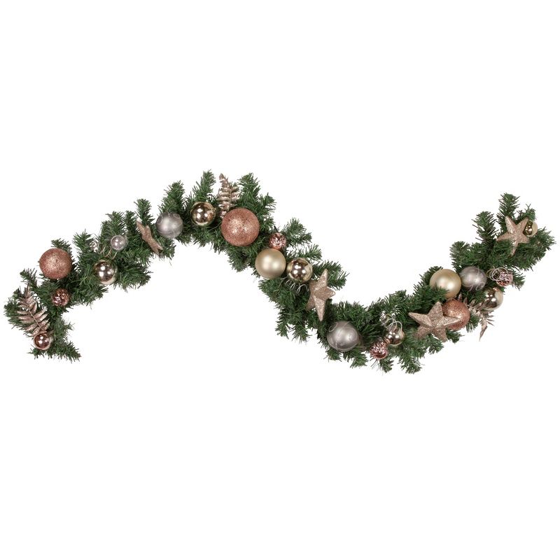 Northlight 6' x 12" Green Foliage with Stars and Ornaments Artificial Christmas Garland, Unlit, 1 of 4