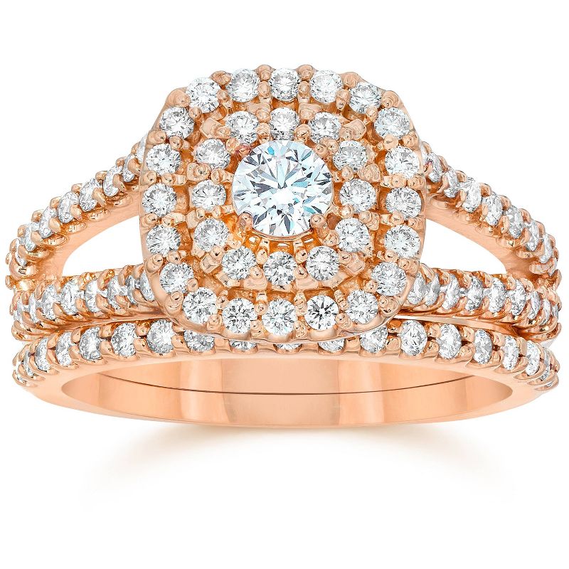 Pompeii3 1 1/10ct Diamond Cushion Halo Engagement Wedding Ring Set 10k Rose Gold, 1 of 6