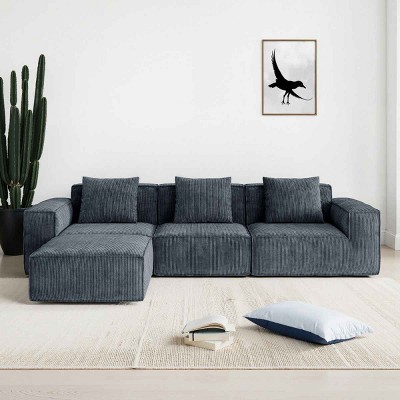 3-Seat Combo Modular Sofa for Living Room, Sectional Sofa with Ottoman, Sofa with Corduroy Fabric and Foam Filling-Baofuwish