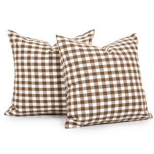 Farmhouse Brown and White Gingham Plaid Pillow Covers 18x18 Set of 2, Khaki Checkered Pillow Covers 18 x 18 - 1 of 3