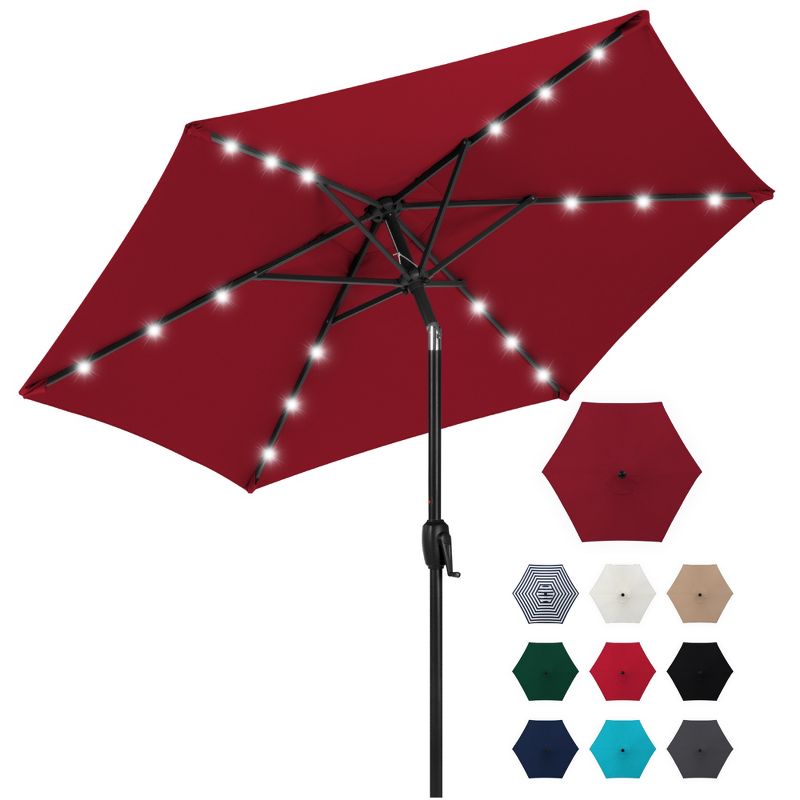 Burgundy Solar-Powered Tilting Patio Umbrella with LED Lights and Steel Pole