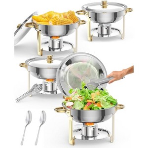 5QT round chafing dish buffet set (2-pack) in gold, NSF-certified stainless steel with lid, spoon, and tweezer, ideal for catering and events. - 1 of 4