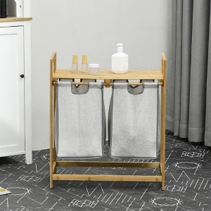 JANSNO Double Laundry Hamper, 2 Section Bamboo Laundry Basket with Storage Shelf 2 Pull-Out and Removable Bags - 1 of 4