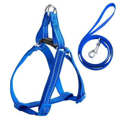 No Pull Nylon Dog Cat Harness & Leash Set Reflective Adjustable, Blue