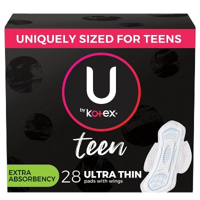 U by Kotex Ultra Thin Teen Feminine Fragrance Free Pads with Wings - Extra Absorbency - 28ct