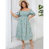 Womens Puff Sleeve Summer Floral Dress Plus Size Smocked Ruffle Square Neck Casual Dress Cute Midi Dress Teal Blue Flower 3XL - 3 of 4