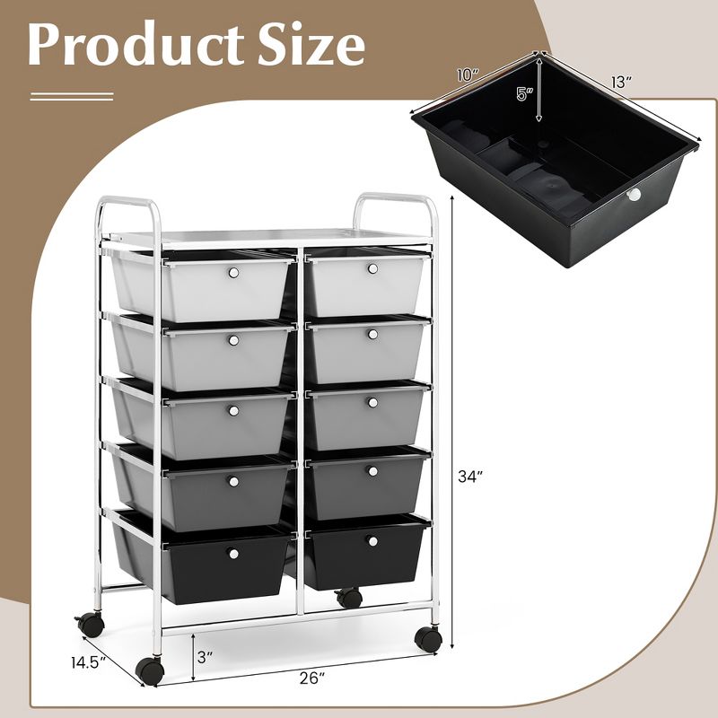 Tangkula 10-Drawer Rolling Storage Cart Tools Scrapbook Paper Organizer on Wheels Black Gradient, 3 of 11