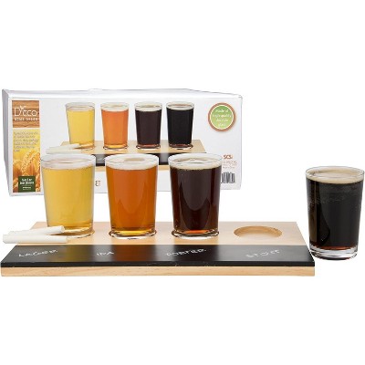Beer Tasting Flight Sampler Board - Four 6 oz Pilsner Craft Brew Glasses & Wooden Paddle w Chalkboard - Great for Game Nights & Taste Testing Ales
