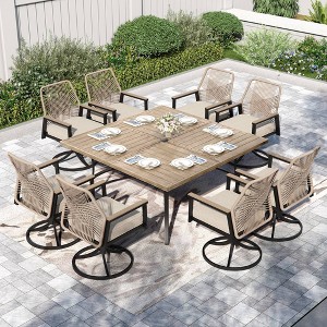 Captiva Designs 9pc Patio Square Driftwood Metal Dining Table and Thick Cushion Swivel Wicker Chairs - 1 of 4