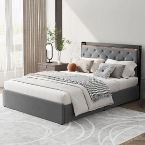 Velvet Bed Frame with Four Storage Drawers and USB Charging Station, Greey Bed Frame with Storage Headboard and Wooden Slats Support - 1 of 4