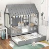 Tangkula Twin Size House Bed with Trundle Fence Decoration Wooden Windows Tall Roof Gray - 2 of 4