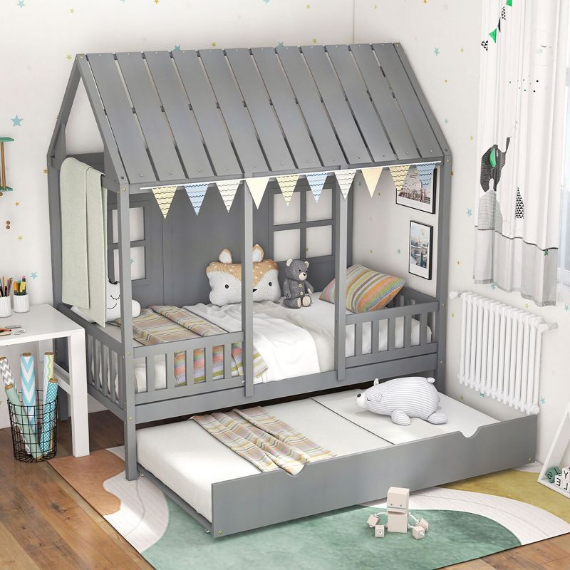 Tangkula Twin Size House Bed with Trundle Fence Decor Wooden Windows Tall Roof Gray, 2 of 10
