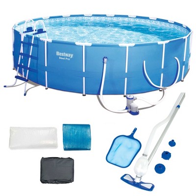 Bestway 18ft x 48in Steel Pro Round Frame Above Ground Pool Set with Accessories