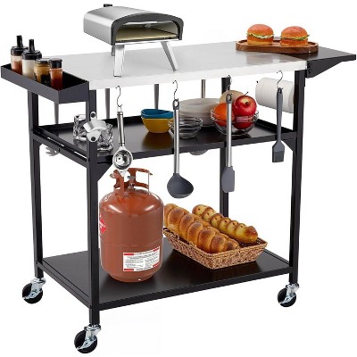 Outdoor Grill Cart Table with 3 Shelves, Pizza Oven Stand, BBQ Kitchen Food Prep Table, Black Stainless Steel