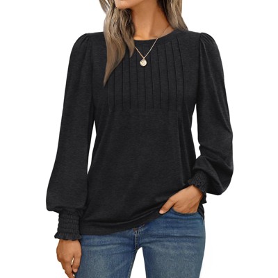 Women's Long Sleeve Pleated Blouse Top Business Casual Crewneck Shirt Smocked Ruffled Cuffs Tunic