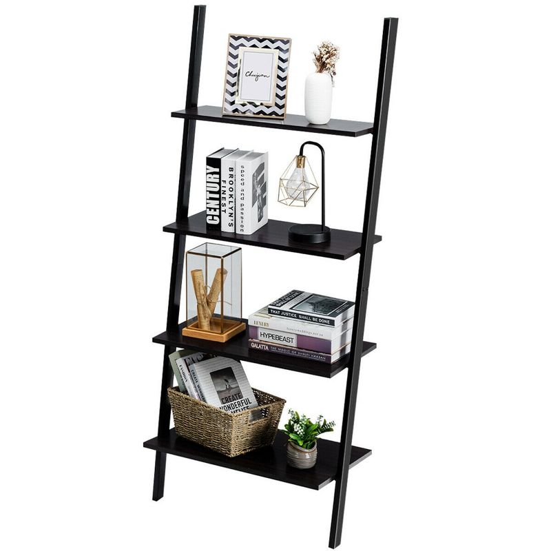 Costway Industrial Ladder Shelf 4-Tier Leaning Wall Bookcase Plant Stand Rustic Black/Brown, 1 of 11