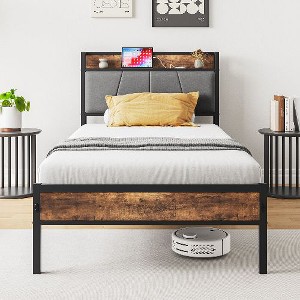 CAVINAS Twin Size Bed Frame, Metal Bed Frame with Storage Headboard & Charging Station, Noise Free - 1 of 4