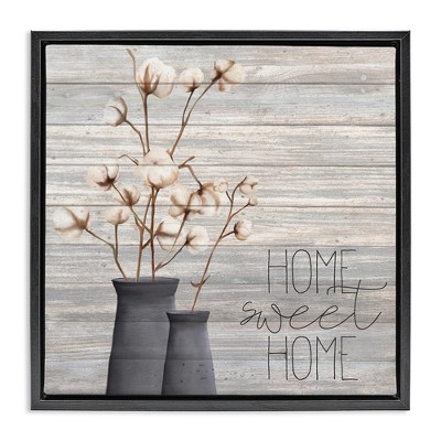 Stupell Industries Grey Home Sweet Cotton Flowers Black Framed Floater Canvas Wall Art
