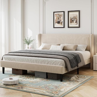 Upholstered Bed Frame with Wingback Headboard, Velvet Upholstery Platform Bed, No Box Spring Needed