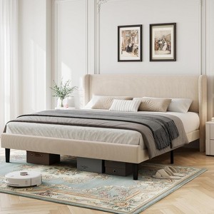 Upholstered Bed Frame with Wingback Headboard, Velvet Upholstery Platform Bed, No Box Spring Needed - 1 of 4