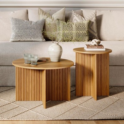 Stead​ Round Fluted Nesting Coffee Table - 2 Piece Coffee Table Set - Living Room Furniture - Modern Home Decor - Medium Oak