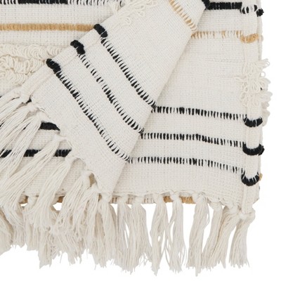 Ivory and Black Cotton Textured Corded Table Runner with Fringe