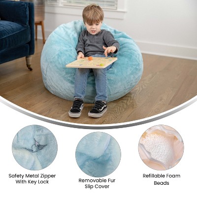Teal Furry Small Round Bean Bag Chair with Removable Cover