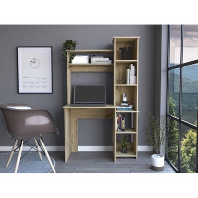 Vynxaria Light Oak Computer Desks Writing Desk 2 Upper Shelves 5 Cubbies Home Office Storage Space-Saving Design