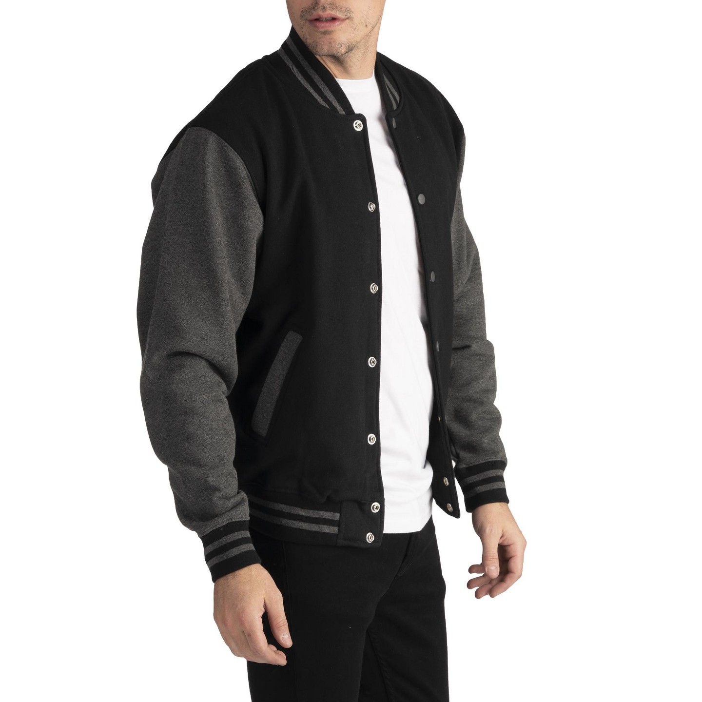 Мужские куртки Pro Club Varsity Heavyweight Fleece Baseball Jacket - Black/Charcoal - Small — фото 4