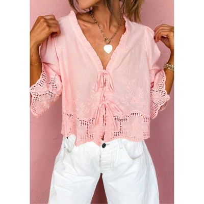 Women's Embroidered Tie Front Top - AnnieWear