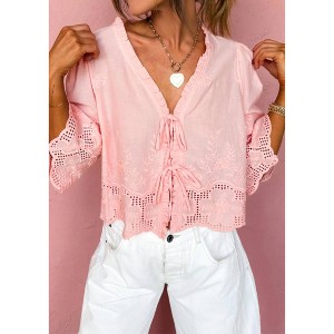 Women's Embroidered Tie Front Top - AnnieWear - 1 of 3