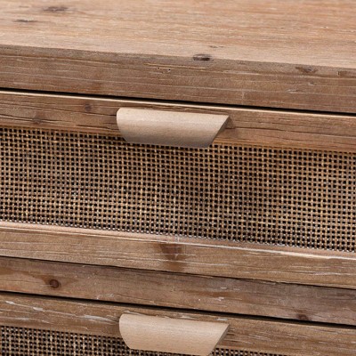 Mid-Century Natural Brown Wood and Rattan 3-Drawer Cabinet