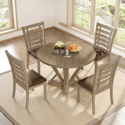 5pcs Table Set Round Dining Table Solid Wood Modern Farmhouse Rustic Look Distressed Look 3 packages