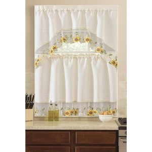 Home Mart Goods Ivory White Sun Flower Floral Embroidery Kitchen Curtain 3PC Set Swag & Tiers Set - 1 of 4