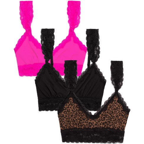 Smart & Sexy Women's Signature Lace And Mesh Bralette 3 Pack Black  Hue/classic Leopard/pink 3x : Target